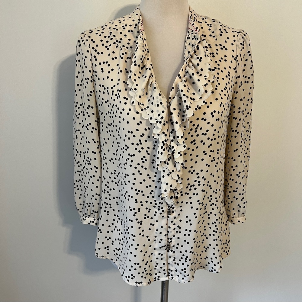 Anthropologie HD in Paris Cream and Black Dot Blouse 8 medium